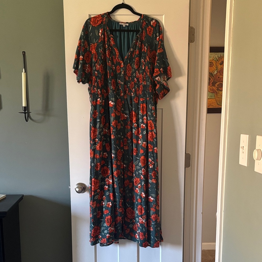 Baltic Born Green Midi Dress with Red Floral Print